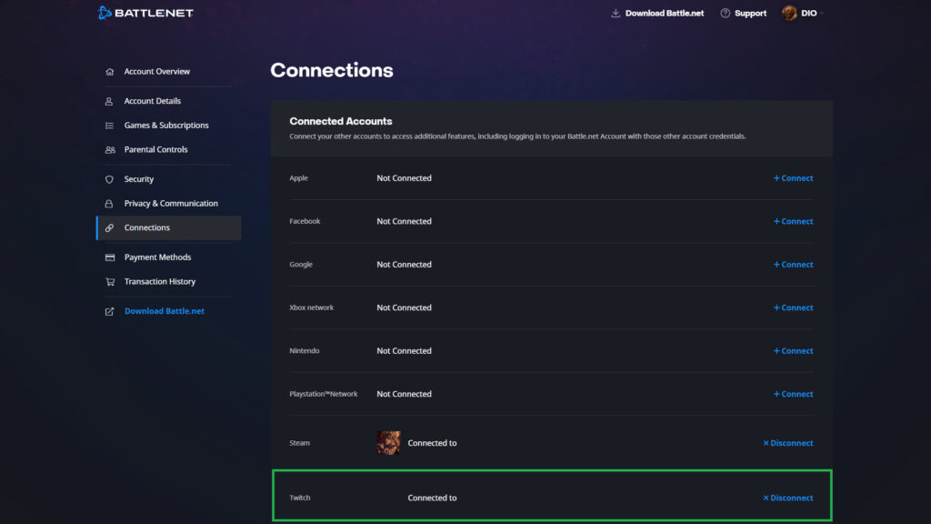How to connect your Twitch and Battle.net accounts (Image via Blizzard Entertainment)