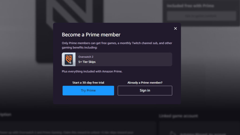 Prime Gaming trial offer (Image via Prime Gaming)
