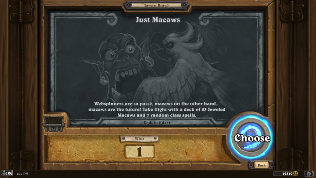 Just Macaws Tavern Brawl chalkboard (Image via Blizzard Entertainment)