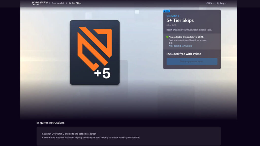 Free Overwatch 2 Battle Pass tier skips (Image via Prime Gaming)