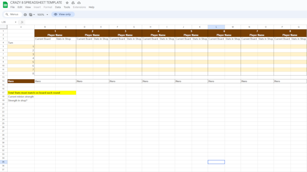 Crazy Eights spreadsheet screenshot (Image via Meggle)