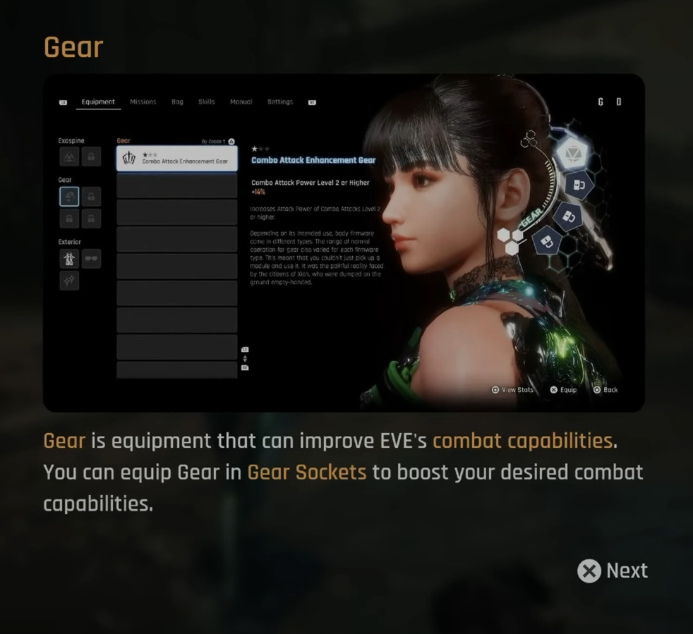 Eve's outfits have gameplay mechanics attached to them