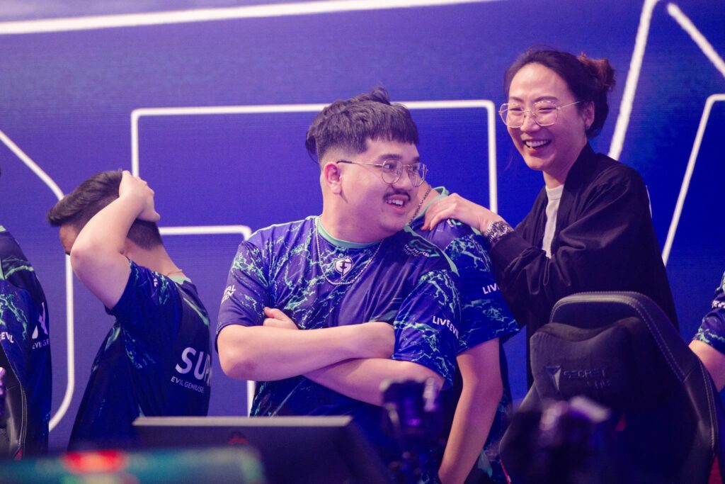 Evil Geniuses and coach potter, seen onstage after victory at VCT Americas Kickoff on Day 2 of Week 2 at Riot Games Arena on February 24, 2024. 