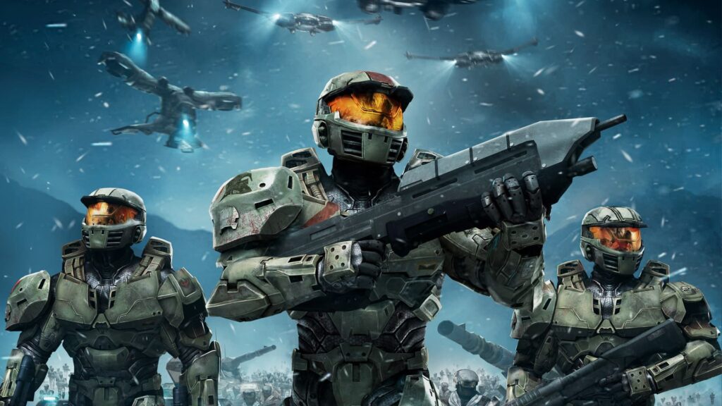 Multiple Spartans ready for battle on the cover of Halo Wars, the first game in the series in chronological order.