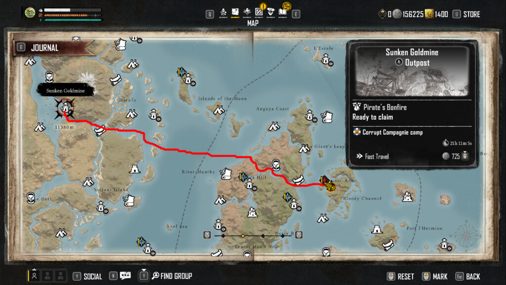 The red line is the path you should sail to reach the outpost (Screenshot via esports.gg)