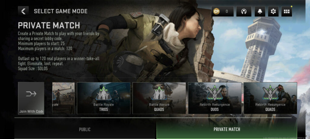 Warzone Mobile options for private matches (Image via esports.gg)