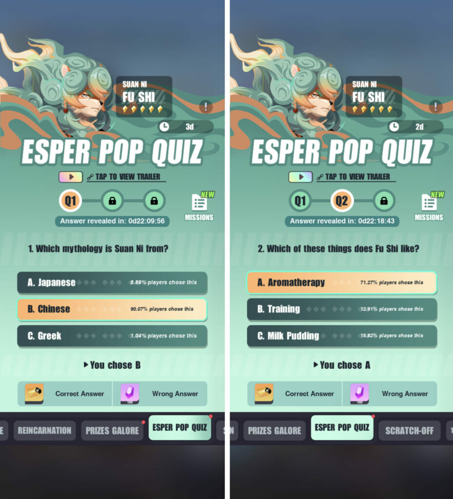 Dislyte Esper Pop Quiz Fu Shi answers (Image via esports.gg)