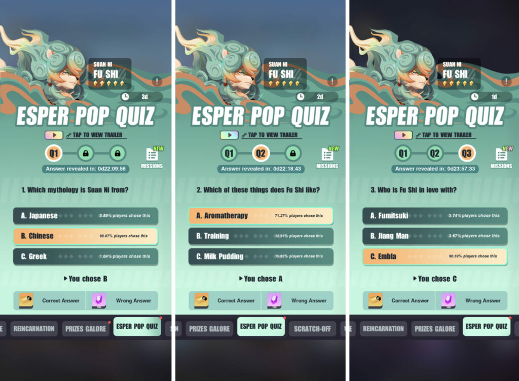 Dislyte Esper Pop Quiz Fu Shi answers (Image via esports.gg)
