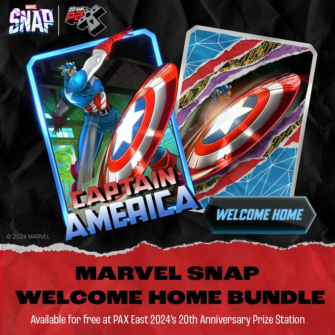 Marvel Snap's Captain America bundle (Image via <a href="https://twitter.com/pax/status/1765831489575391269">PAX on X</a> and Second Dinner Studios, Inc.)