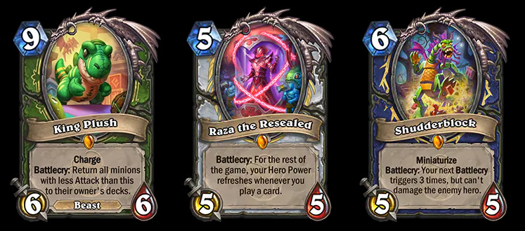 The King Plush, Raza the Resealed, and Shudderblock cards in Hearthstone (Image via Blizzard Entertainment)