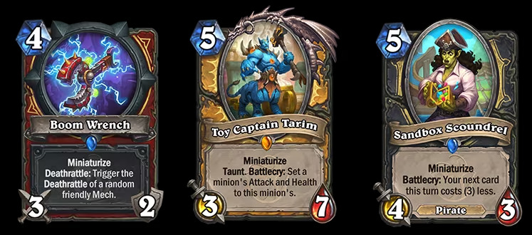 The Boom Wrench, Toy Captain Tarim, and Sandbox Scoundrel cards in Hearthstone (Image via Blizzard Entertainment)