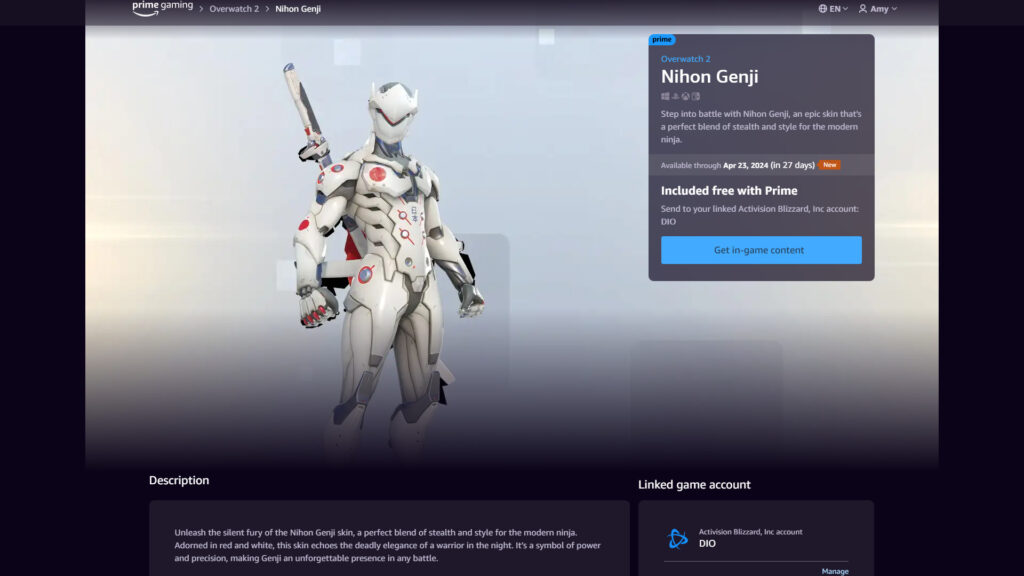 Claiming the free Genji skin (Image via Prime Gaming)