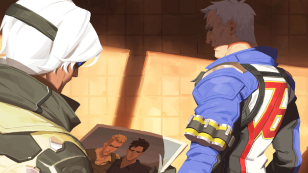 Ana looking at a photo of Jack Morrison and Vincent (Image via Blizzard Entertainment)
