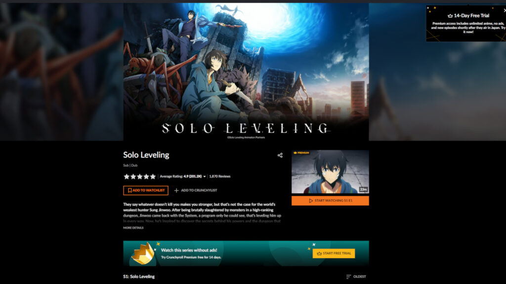 You can watch the Solo Leveling anime on Crunchyroll (Image via Crunchyroll)