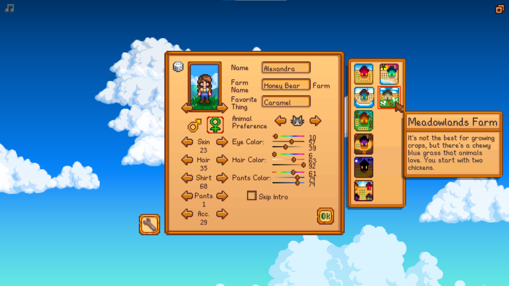 The Meadowlands Farm in the start menu of Stardew Valley (Image via esports.gg)