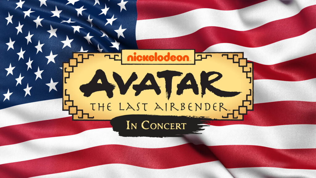 The Avatar: The Last Airbender In Concert logo over a flag of the United States.
