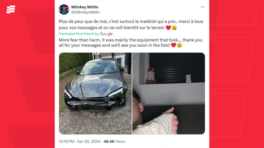Screenshot of BDS M0nkey M00n's follow-up reply to his initial Tweet. Translated by Google from French to English it reads, "More fear than harm, it was mainly the equipment that took... thank you for all your messages and we'll see you soon on the field." Also included are pictures of the damage to the front of his car, which seems to be an Audi A5, and himself giving a thumbs up in a cast.