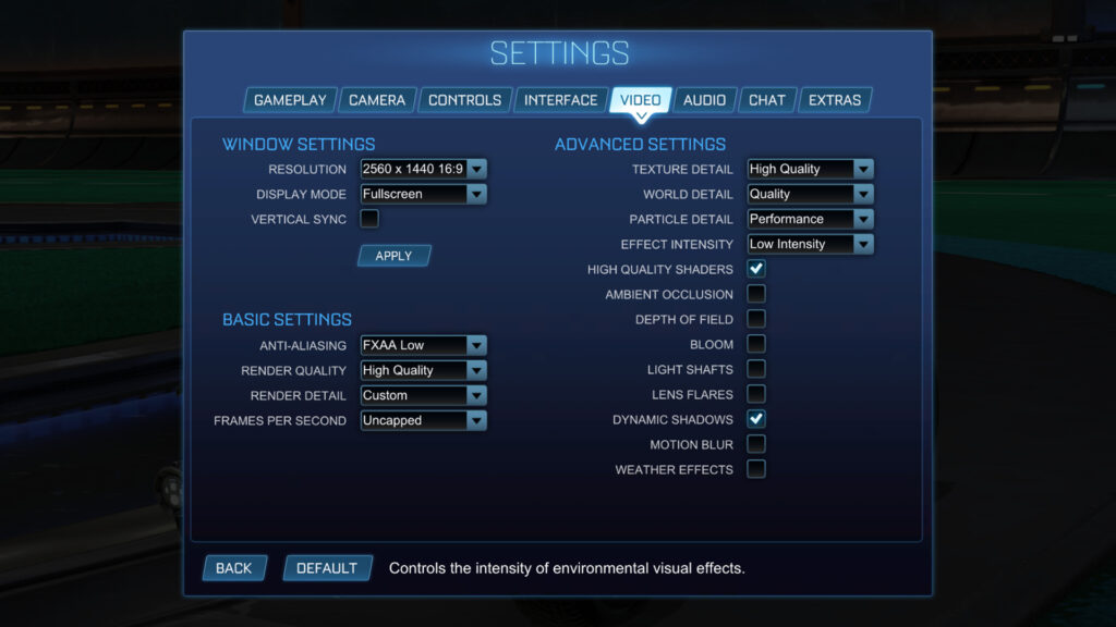 An in-game screenshot of fully optimized Rocket League video settings.