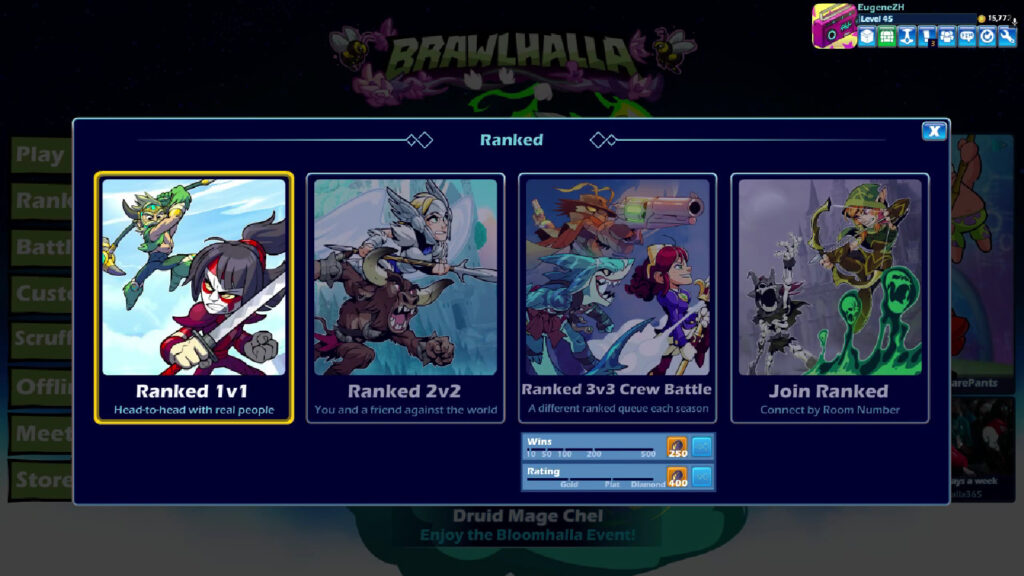 Ranked matches menu in Brawlhalla (image via esports.gg)