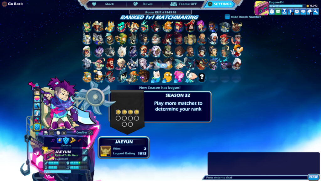 An example of placement ranked matches in Brawlhalla - with the Brawlhalla character Jaeyun