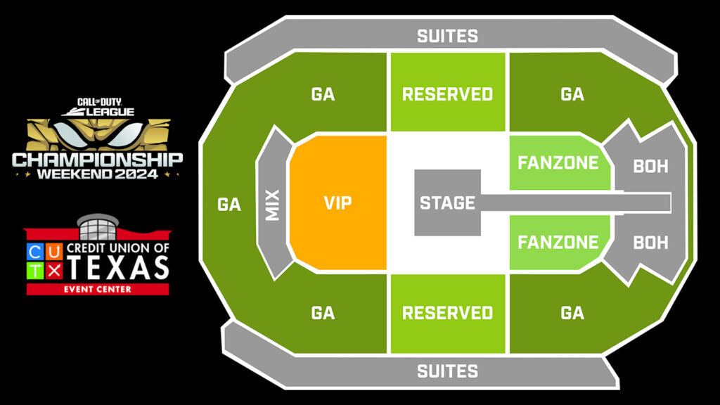 Seat map for CDL Champs 2024 hosted by OpTic Texas at the CUTX Event Center (Image via esports.gg)
