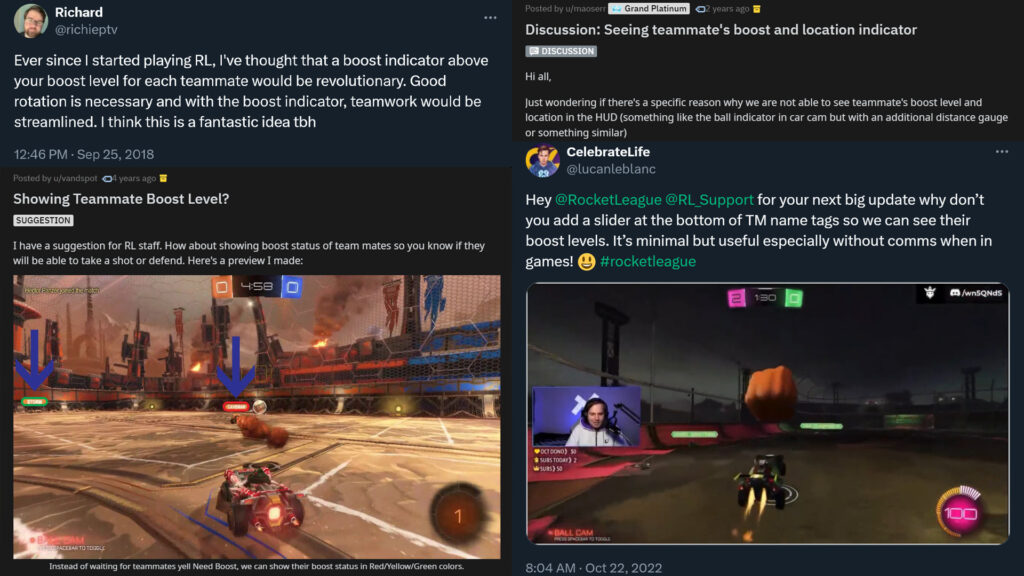 Screenshots of Twitter and Reddit posts asking for teammate boost indicators (Image via esports.gg)