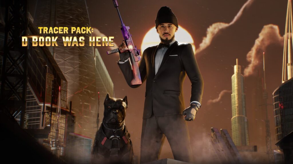 Devin Booker stands with his weapon drawn and his dog next to him in a promotional image for the Call of Duty Tracer Pack known as D Book Was Here.