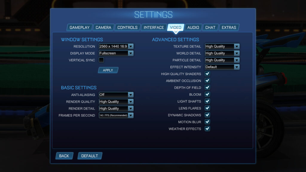 An in-game screenshot of the default Rocket League video settings.