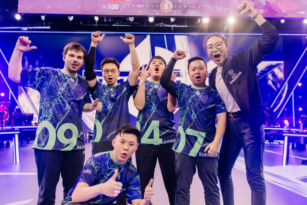 Evil Geniuses react on stage after victory against Sentinels during Week 3 of VCT Americas Stage 1 at the Riot Games Arena on April 23, 2024. 