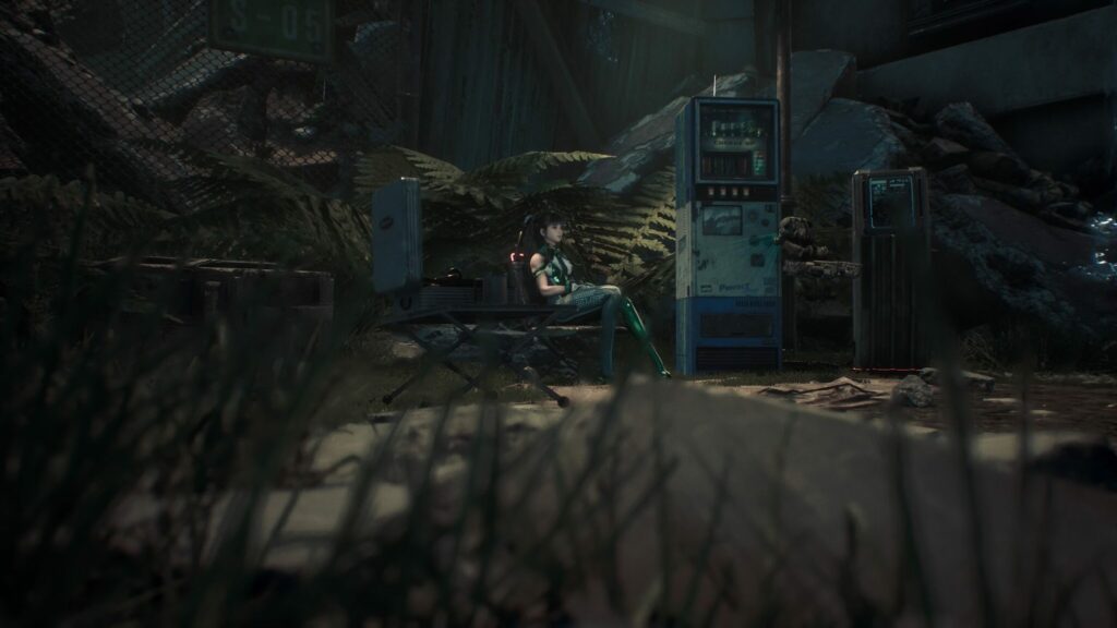EVE sits in a camp in Stellar Blade.