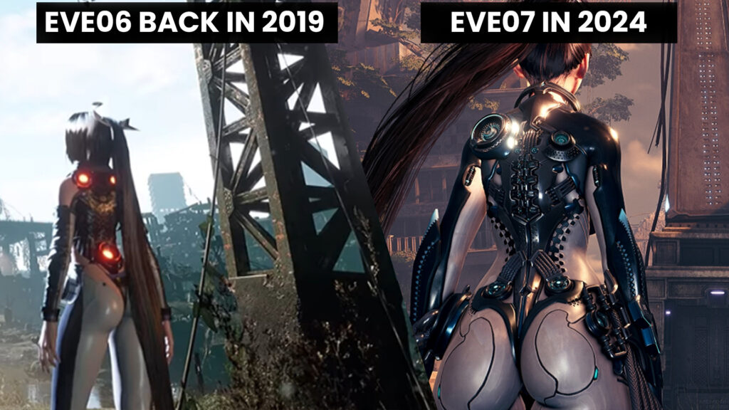 EVE06 in the first reveal of the Nano Suit and Exospine in 2019 versus Key Art from 2024's EVE07