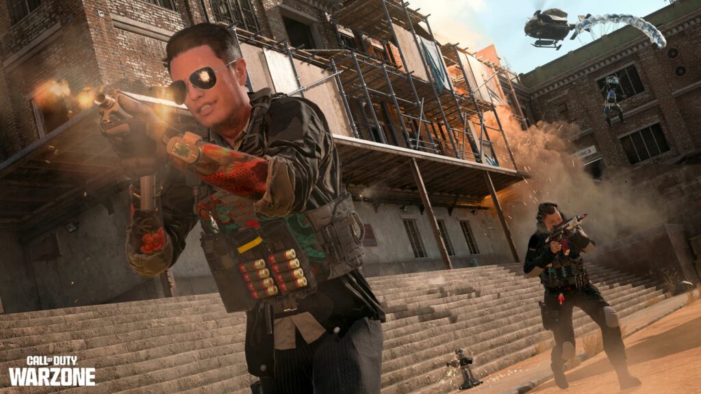 Operators open fire in front of a building under construction in Warzone Season 3 Reloaded.