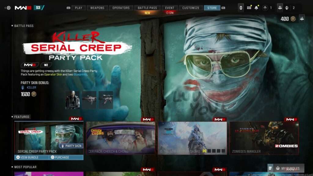 The Killer: Serial Creep Party Pack in the featured section of the Call of Duty: MW3 and Warzone Store.