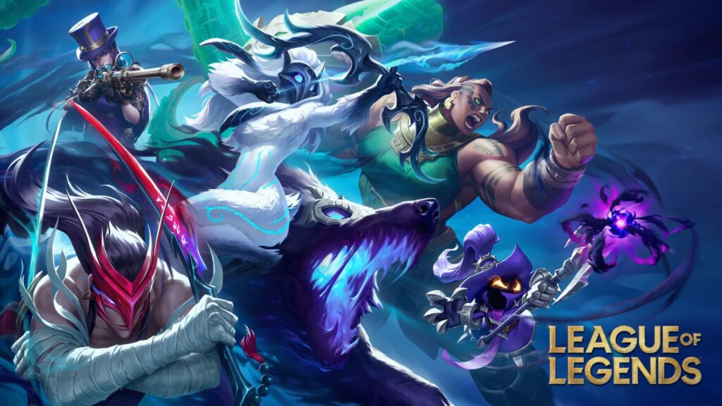 Several Champions from League of Legends lunge into battle.