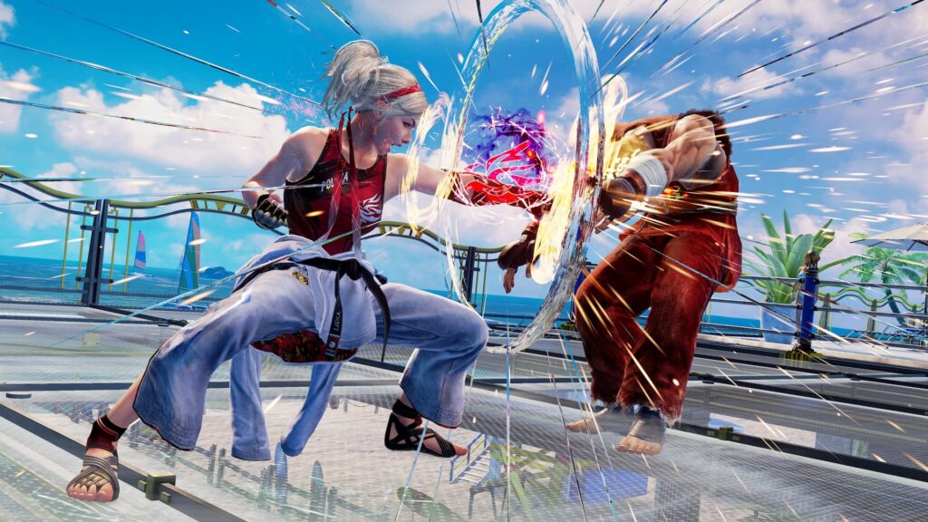 A female fighter in Tekken 7 punching a male fighter in a battle.