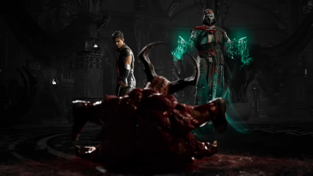 A screenshot of MK1 Fatality by Ermac with Kameo assists by Mavado