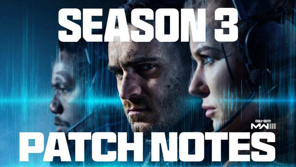 A promotional image with three operators for the Call of Duty: MW3 Season 3 patch notes.