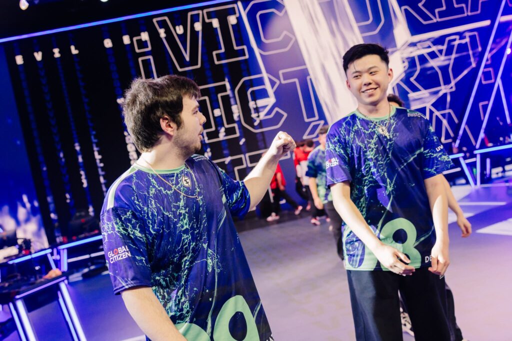 “NaturE” (L) and Derrek of Evil Geniuses react on stage during Week 3 of VCT Americas Stage 1 at the Riot Games Arena on April 23, 2024. 