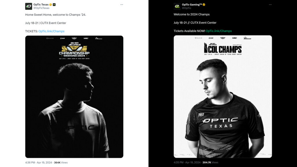 Screenshots of announcement Tweets by @OpTicTexas and @OpTic (Image via esports.gg)