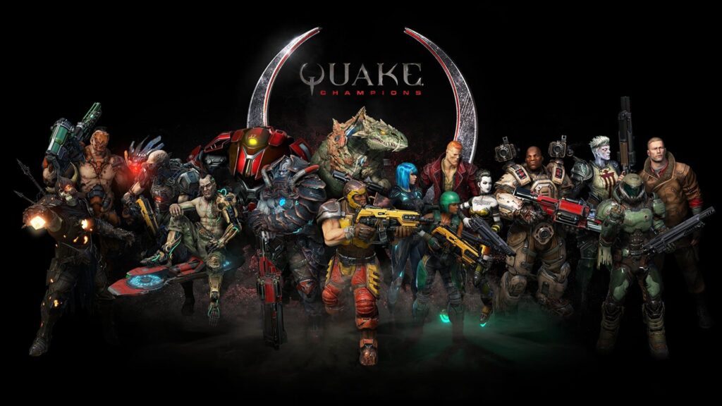 A plethora of Quake Champions characters stand with their weapons in front of the game's logo.