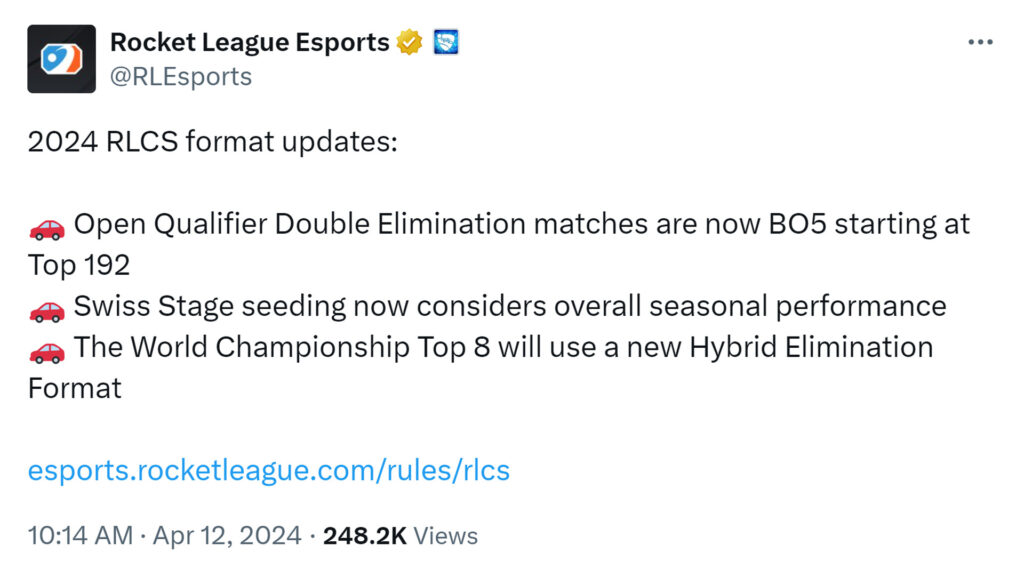 A screenshot of a Tweet by @RLEsports announcing the three new format changes described in this article.
