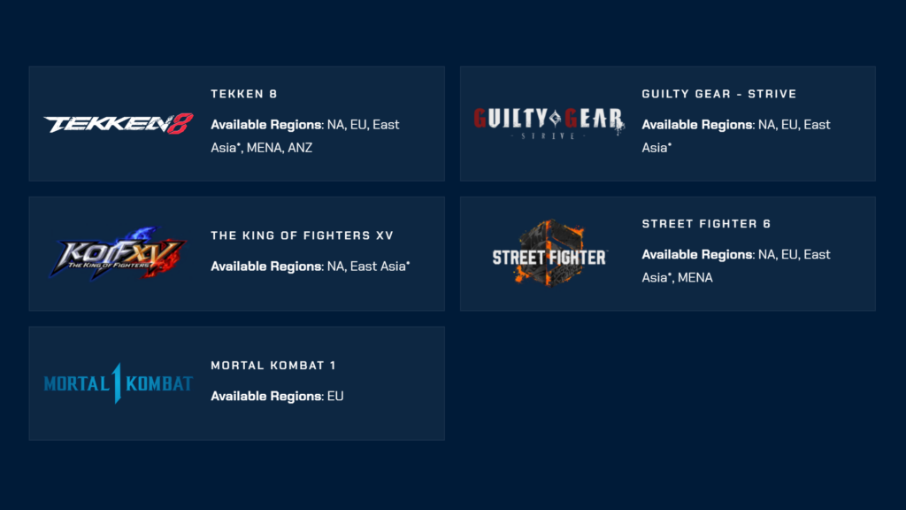 Screenshot of available regions for each game from the official <a href="https://www.evo.gg/events/road-to-evo" target="_blank" rel="noreferrer noopener">event page</a> (Image via esports.gg)