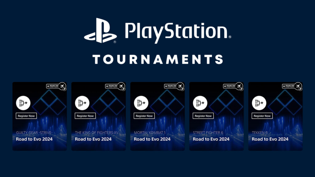 Shows five Road to Evo 2024 Tournament Cards that will be visible on PS5 Tournaments depending on region.