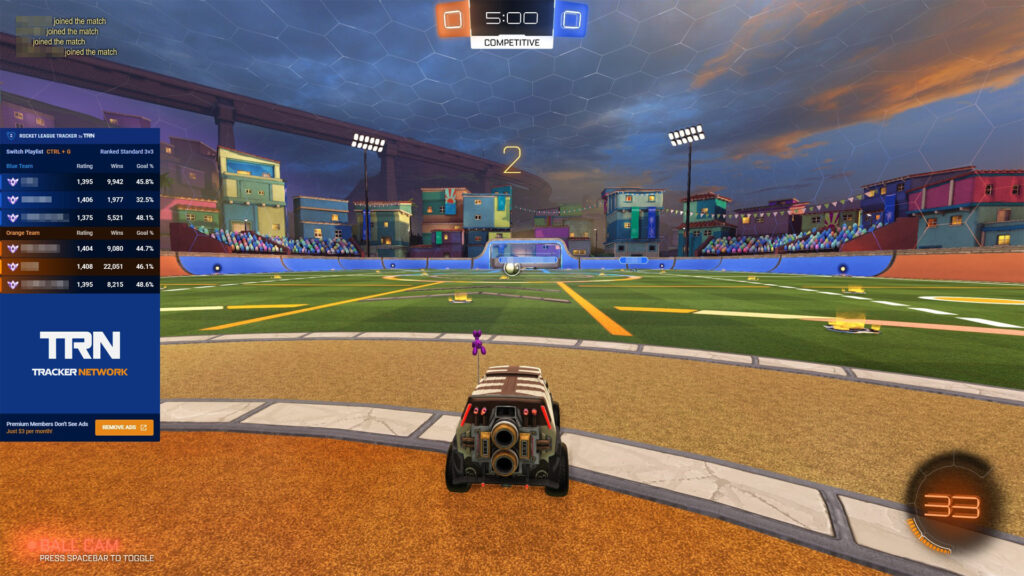 Screenshot of the Rocket League Tracker in-game overlay being displayed at the start of a ranked 3v3 match.