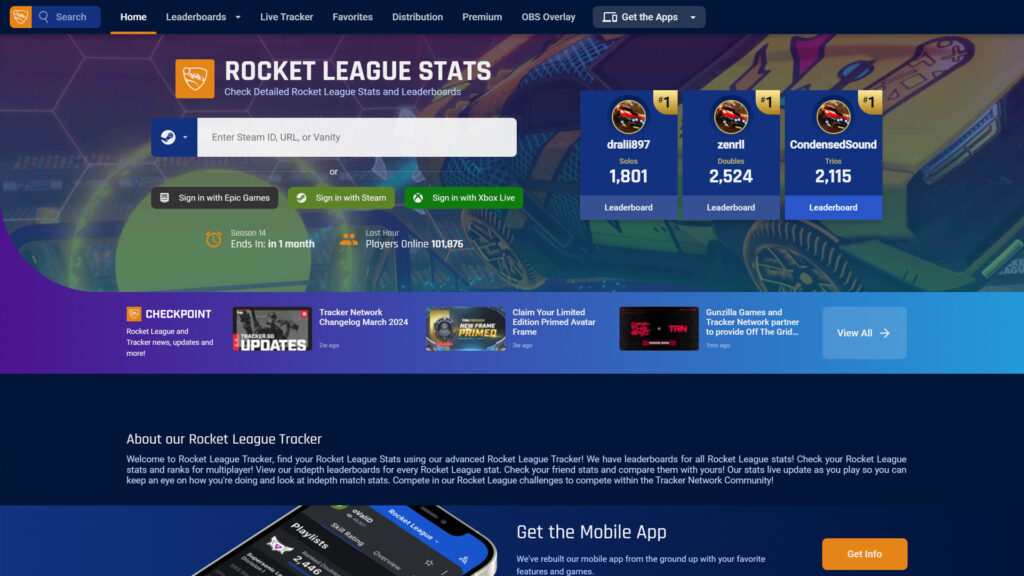 Screenshot of the Rocket League Tracker homepage. Shows the search bar, an option to log in, and an ad for the mobile app.