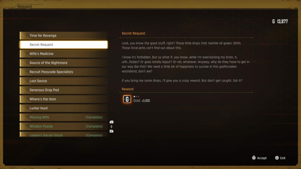 The Secret Request listing on the Bulletin Board in Stellar Blade.