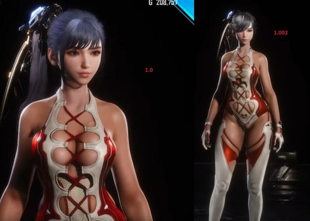 EVE's Cybernetic Bondage outfit in version 1.0 vs version 1.002 (after censorship patch) (Image: @Ramez05)
