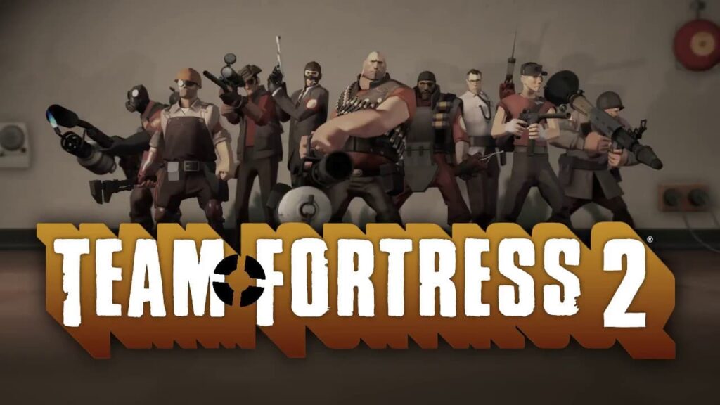 All of the classes of Team Fortress 2 stand over the game's logo.