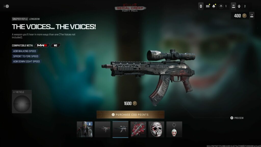 The The Voices... The Voices weapon blueprint from the Call of Duty Killer: Serial Creep Party Pack.