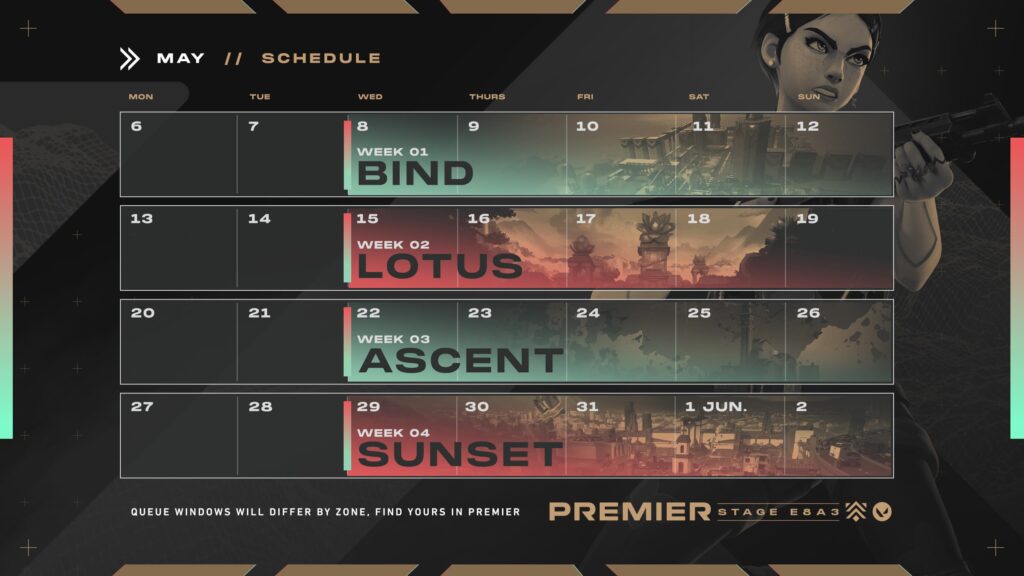 The first portion of the VALORANT Premier Schedule for Episode 8 Act 3.